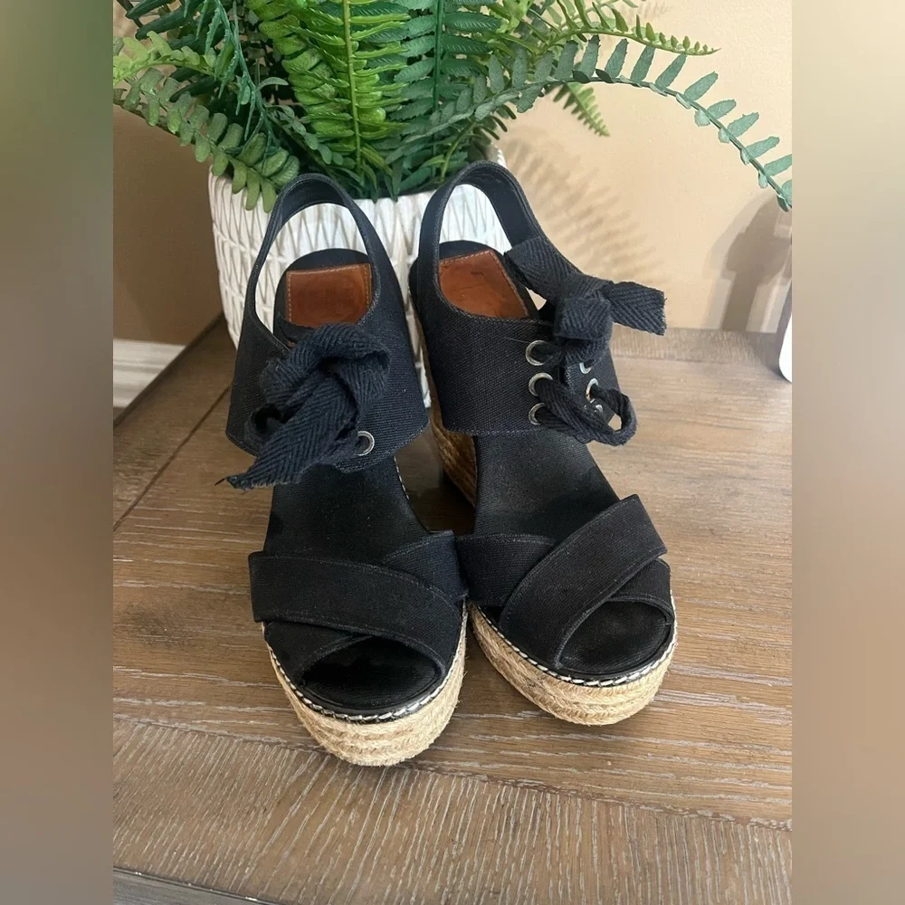 TORY BURCH Black Lace Up Canvas Espadrille Wedges Sandals Size 5